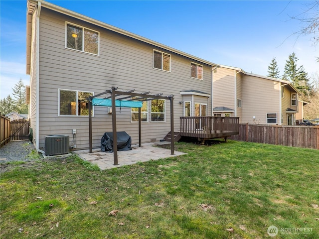 rear view of house with a patio, a fenced backyard, a yard, central air condition unit, and a pergola