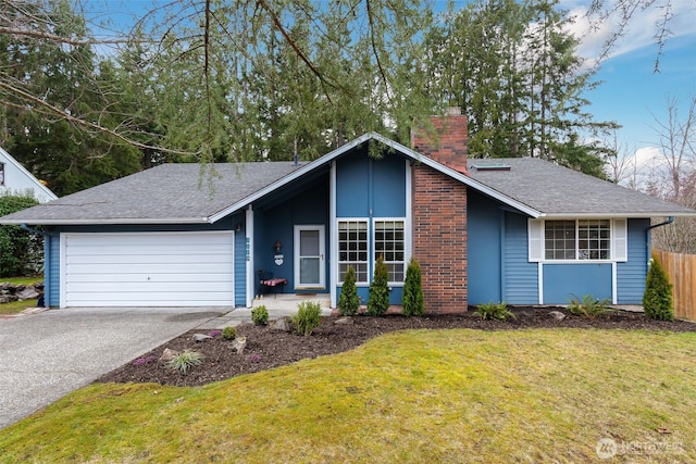 view of front of home featuring a garage, driveway, a chimney, roof with shingles, and a front yard