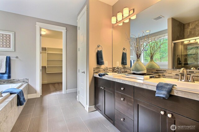 15814 Boise Ln SE, Yelm, WA 98597 - full bathroom featuring a spacious closet, visible vents, backsplash, and a sink
