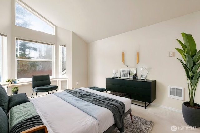 bedroom featuring light carpet, vaulted ceiling, visible vents, and baseboards