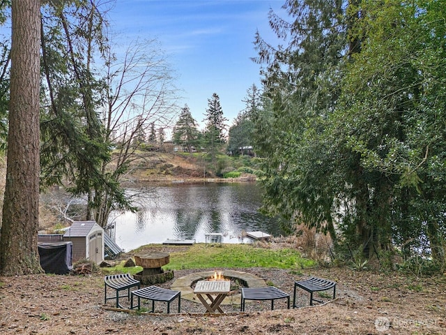 view of water feature featuring an outdoor fire pit