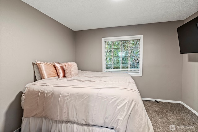 carpeted bedroom featuring baseboards and a textured ceiling