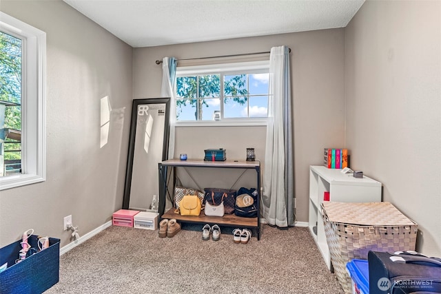 game room featuring a textured ceiling, carpet flooring, and baseboards