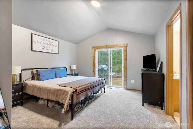 bedroom featuring lofted ceiling, access to outside, baseboards, and light colored carpet