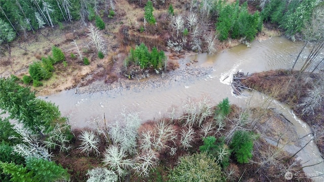 bird's eye view with a water view