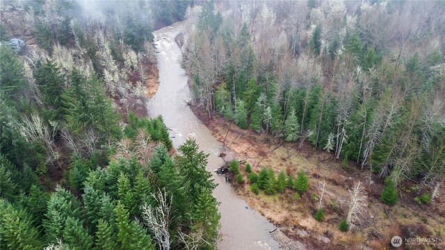 birds eye view of property featuring a wooded view