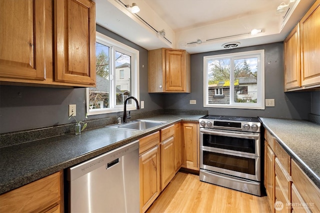 kitchen with stainless steel appliances, dark countertops, a wealth of natural light, light wood-style flooring, and a sink