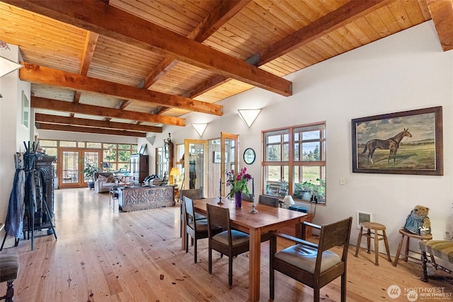 dining area with light wood-type flooring, wood ceiling, beamed ceiling, and french doors