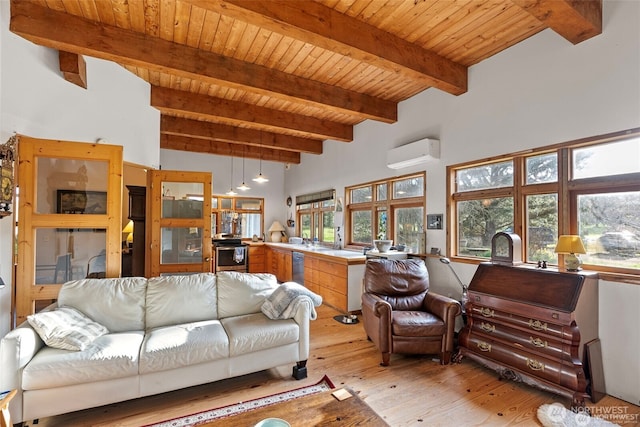 living area with a wealth of natural light, wood ceiling, light wood-style flooring, and a wall mounted AC