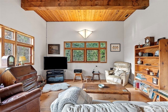 living room with beamed ceiling, wood finished floors, and wood ceiling