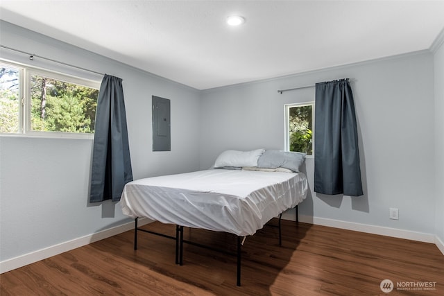 bedroom with electric panel, baseboards, and wood finished floors