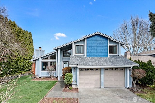 view of front facade featuring roof with shingles, a chimney, a front lawn, concrete driveway, and a garage