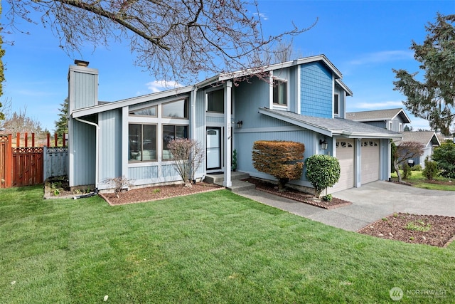 mid-century inspired home featuring a chimney, concrete driveway, a front lawn, and fence