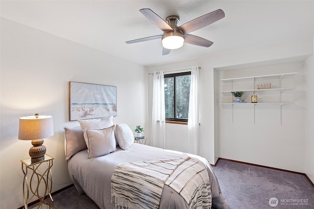 bedroom featuring carpet flooring, baseboards, a closet, and ceiling fan