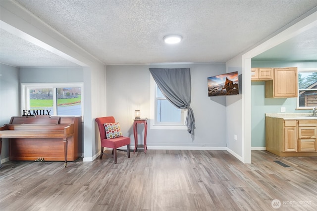 living area with light wood-type flooring, visible vents, a textured ceiling, and baseboards