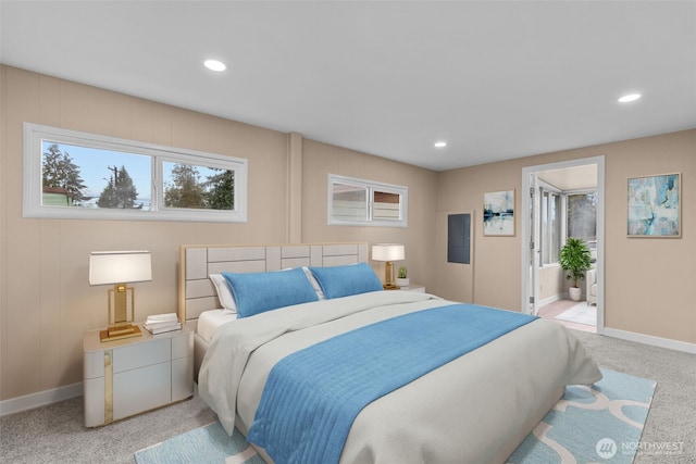 bedroom featuring recessed lighting, light carpet, and baseboards