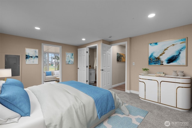 bedroom with recessed lighting, electric panel, light carpet, and baseboards