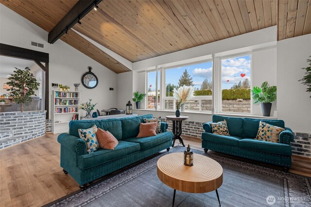 living area featuring visible vents, lofted ceiling with beams, wood ceiling, wood finished floors, and track lighting