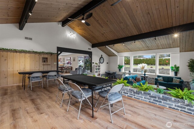dining space featuring wooden ceiling, visible vents, beamed ceiling, and light wood finished floors