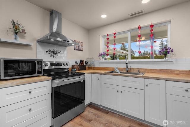 kitchen featuring stainless steel appliances, white cabinetry, a sink, wood counters, and wall chimney range hood