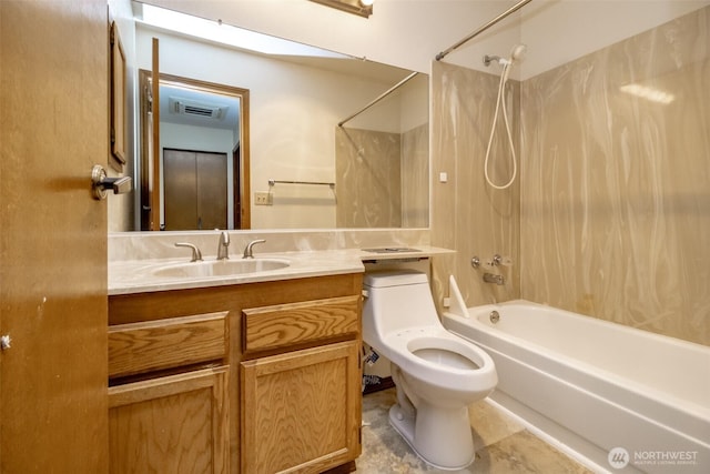 full bath featuring visible vents, bathing tub / shower combination, vanity, and toilet