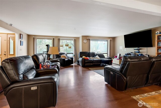 living area with plenty of natural light and wood finished floors