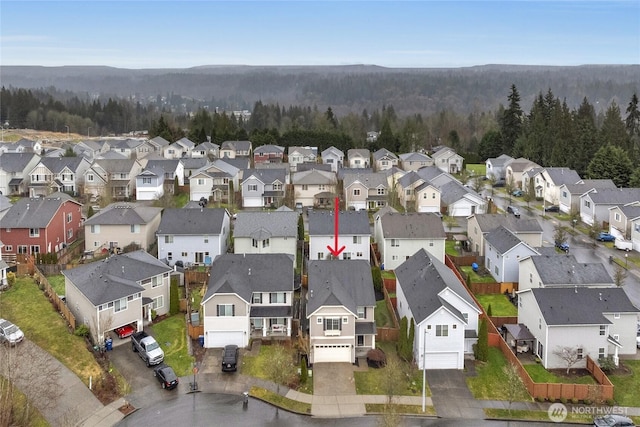 birds eye view of property featuring a residential view and a view of trees