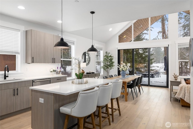 kitchen featuring light countertops, light wood-style flooring, stainless steel dishwasher, a kitchen island, and a sink