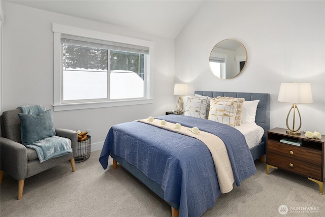 bedroom featuring carpet and vaulted ceiling