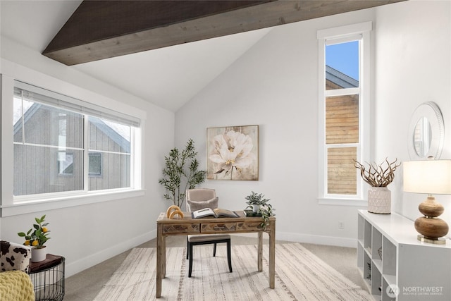 home office with baseboards, vaulted ceiling, and light colored carpet