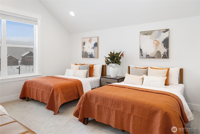 bedroom featuring lofted ceiling, baseboards, carpet flooring, and recessed lighting