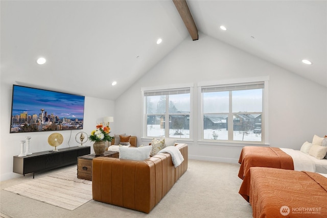 living room with recessed lighting, light carpet, lofted ceiling with beams, and baseboards