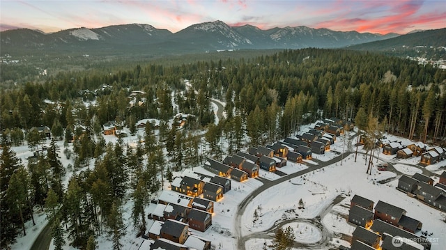 aerial view at dusk featuring a mountain view and a wooded view