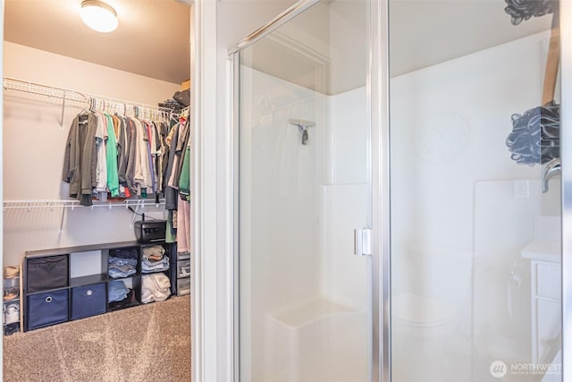 full bath with a stall shower and a walk in closet