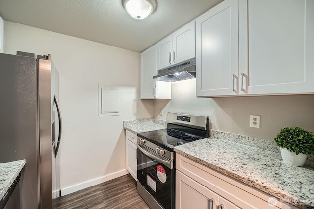 kitchen with baseboards, white cabinets, dark wood-style flooring, stainless steel appliances, and under cabinet range hood