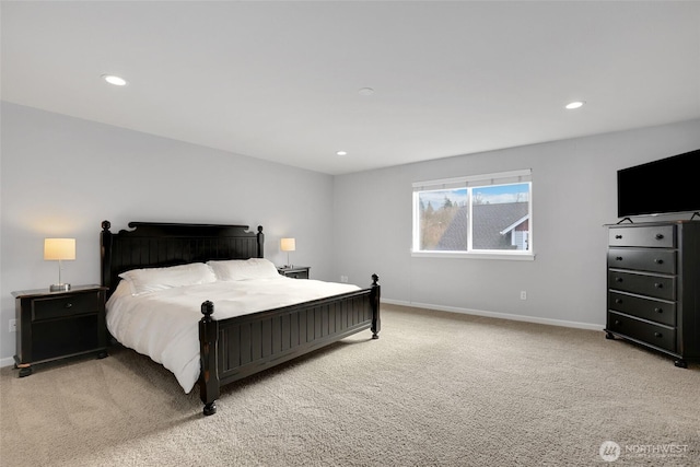 bedroom with carpet, baseboards, and recessed lighting