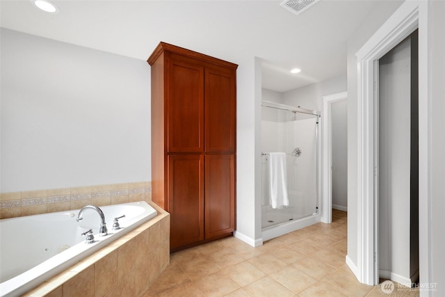 full bathroom featuring visible vents, tile patterned floors, a whirlpool tub, a shower stall, and recessed lighting