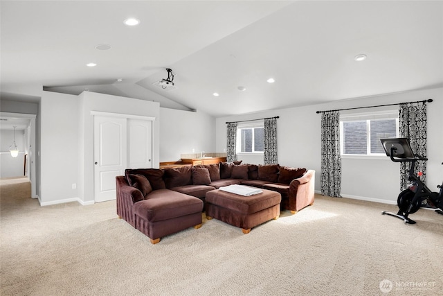 living area featuring lofted ceiling, recessed lighting, baseboards, and light colored carpet