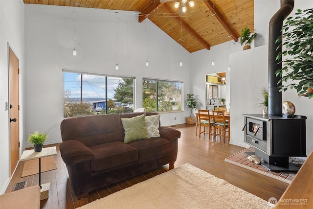 living area with a wood stove, wooden ceiling, wood finished floors, and beamed ceiling