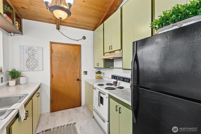 kitchen with white electric stove, wood ceiling, freestanding refrigerator, light countertops, and under cabinet range hood