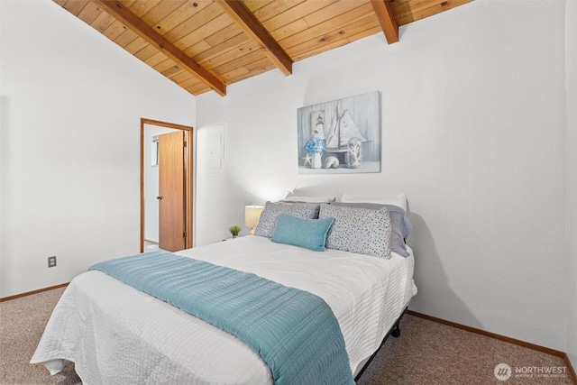 carpeted bedroom with wooden ceiling, lofted ceiling with beams, and baseboards