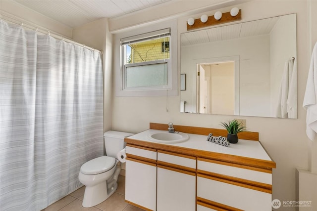 full bathroom with toilet, a shower with curtain, tile patterned flooring, and vanity