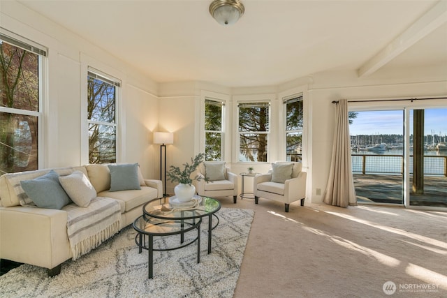 sunroom with beam ceiling and a water view