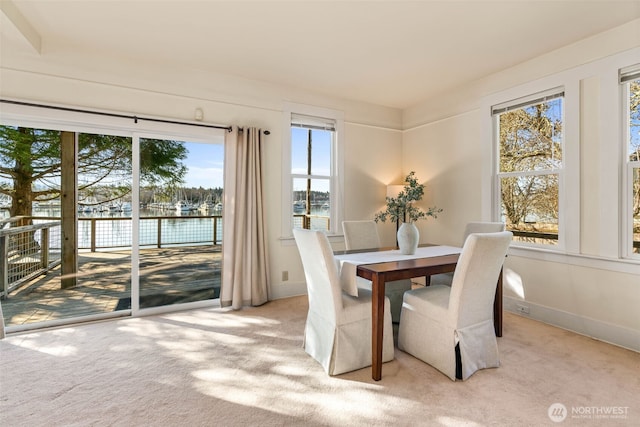 dining room with light colored carpet and baseboards