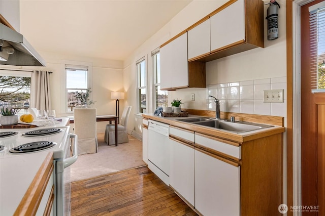 kitchen with light wood-style flooring, under cabinet range hood, white appliances, white cabinets, and light countertops