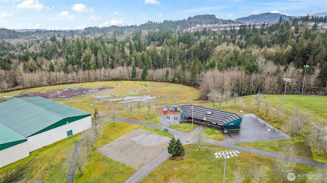 drone / aerial view with a mountain view and a wooded view