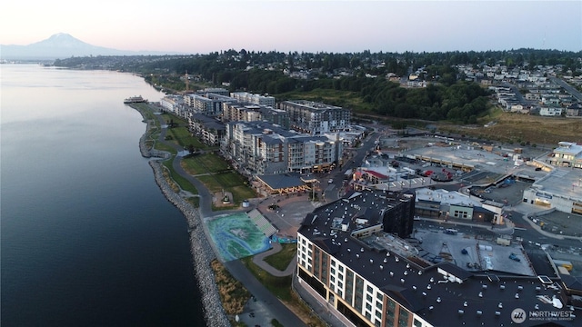 aerial view at dusk with a water view and a view of city