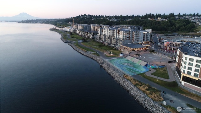 aerial view at dusk with a water view