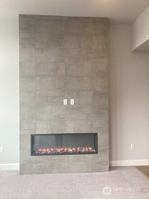 details featuring carpet flooring, a tile fireplace, and baseboards