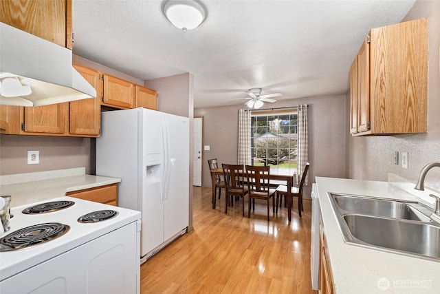 kitchen with a sink, under cabinet range hood, white appliances, light wood finished floors, and light countertops